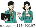 An illustration of a business woman talking with hand gestures and a man listening while holding a computer 115490197
