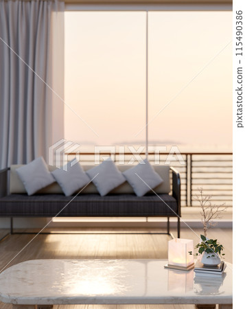 A coffee table in a contemporary, luxurious living room features a sofa near the balcony. 115490386