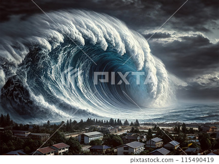 Image of a big wave/tsunami approaching a city - Stock