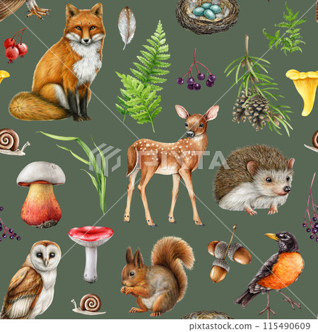 Cute forest animals seamless pattern. Watercolor illustration. Hand drawn fox, squirrel, owl, robin, mushrooms with natural elements. Woodland animals with forest elements seamless pattern 115490609