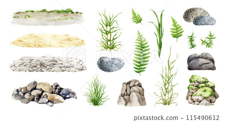 Natural backgrounds and elements painted set. Watercolor illustration. Hand drawn rocky background, rock, stone, fern, grass image collection. Natural landscape element set on white background Natural backgrounds and elements painted set. Watercolor illustration. Hand drawn rocky background, rock, stone, fern, grass image collection. Natural landscape element set on white background 115490612