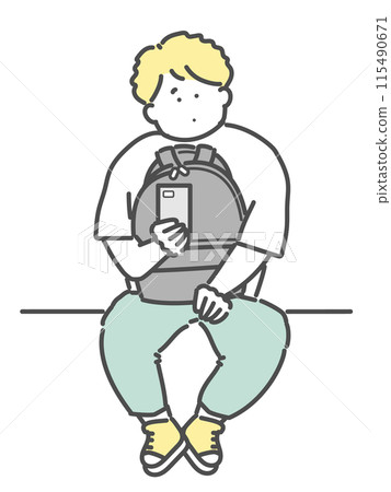 一名男子坐著使用智慧型手機的插圖 115490671