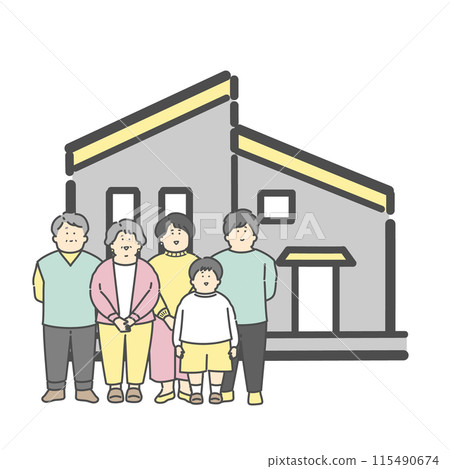 Illustration of a house and a three-generation family, my home, house 115490674