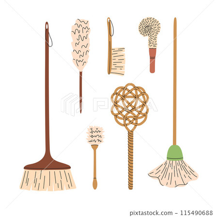Set of eco-friendly cleaning products. Mops and brushes. Organic natural ecological cleaners. Flat vector illustration 115490688