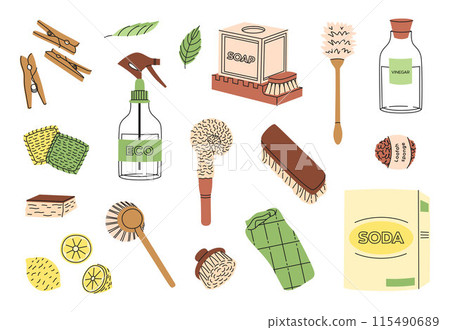Set of eco-friendly cleaning products. Organic natural ecological cleaners. Flat vector illustration. Brushes, soap, lemon, soda, vinegar. 115490689
