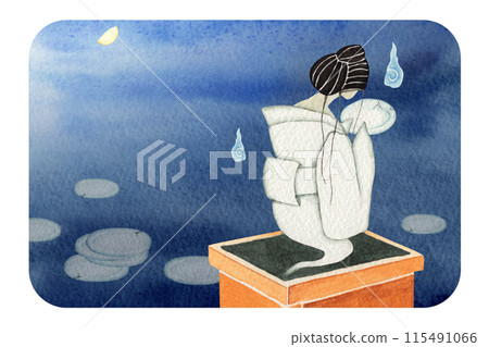 Japanese Folk Tale Ghost Story: Sarayashiki Watercolor Illustration 115491066