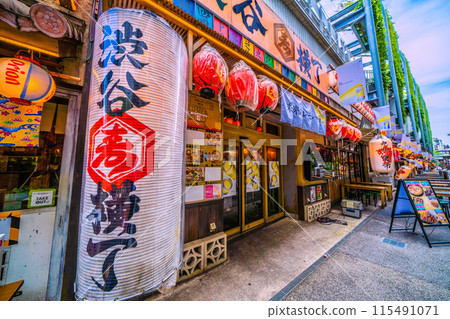 Tokyo cityscape in Japan: A view of Shibuya Yokocho in front of Shibuya Station, which stands out against the greenery in June. In the morning... = After 10 a.m. on the 12th 115491071