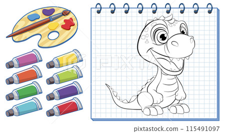 Dinosaur Coloring Page with Paints Dinosaur Coloring Page with Paints 115491097