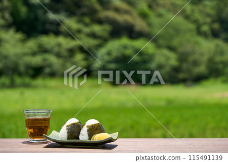 Rice balls with rice paddies in the background Rice balls with rice paddies in the background 115491139