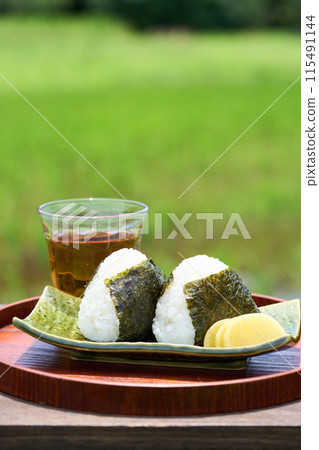 稻田背景放置的飯糰飯糰 115491144