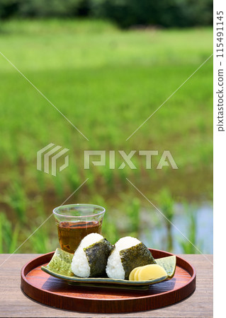 稻田背景放置的飯糰飯糰 115491145