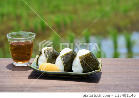 Rice balls with rice paddies in the background 115491146