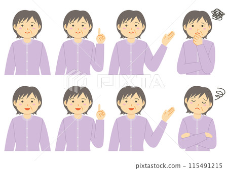 A set of illustrations of various poses of an elderly woman wearing a purple cardigan 115491215