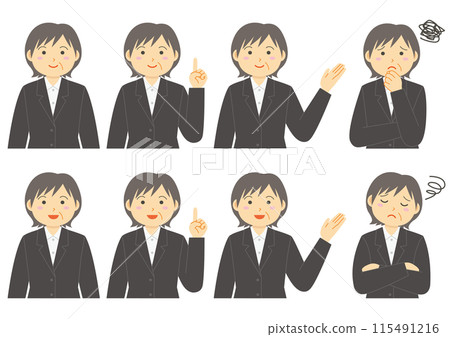 A set of illustrations of various poses of an elderly woman in a suit A set of illustrations of various poses of an elderly woman in a suit 115491216