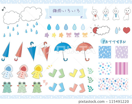 Rainy season hand-drawn vector illustration set: cute rain gear, weather, etc. Part 1 115491220