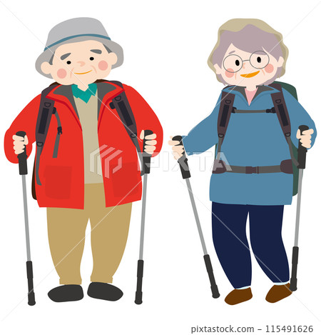 老年男女享受登山散步的向量圖解 115491626