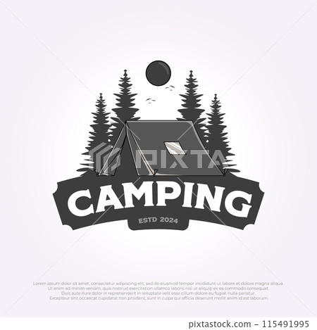 tent in a forest logo vector design. template of tent camp with pine tree background 115491995