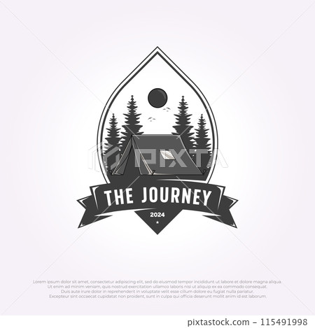 tent logo emblem in forest vector design. tent camping site with pine trees and sun in the background tent logo emblem in forest vector design. tent camping site with pine trees and sun in the background 115491998