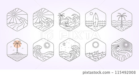 set bundle of paradise island line art logo icon template. design of nautical icon illustration. simple ocean view set bundle of paradise island line art logo icon template. design of nautical icon illustration. simple ocean view 115492008
