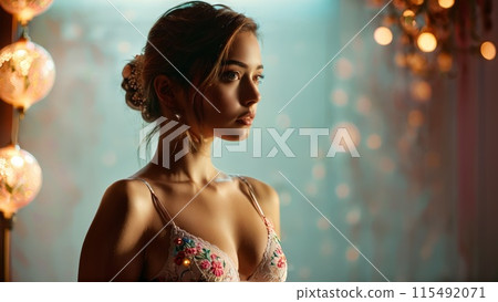 Bright eyed and optimistic Hispanic lingerie model in luminous studio wearing sophisticated embroidered lingerie set 115492071