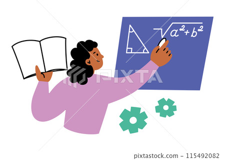 Vector illustration of a student or teacher writing geometric formulas and solving a math problem with the Pythagorean theorem on a blackboard. Flat cartoon style, for educational, school contexts 115492082