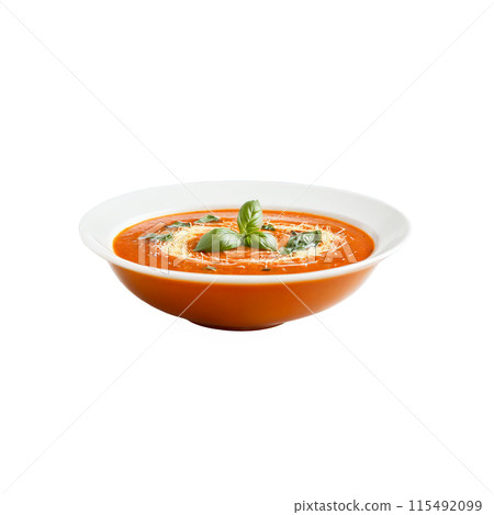 Roasted tomato and basil soup a smooth pur?e of oven roasted tomatoes and fresh basil 115492099