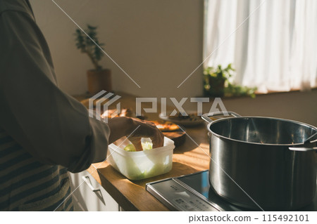 A housewife cooking with torn lettuce stored in a food storage container A housewife cooking with torn lettuce stored in a food storage container 115492101