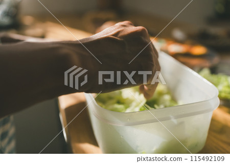 Hands grabbing torn lettuce in a food storage container Hands grabbing torn lettuce in a food storage container 115492109
