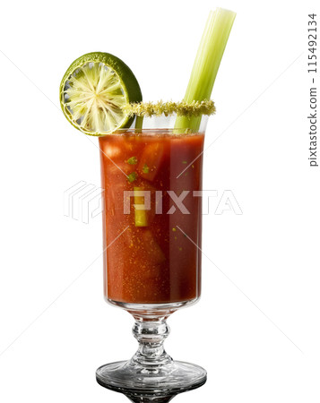 Bloody Mary with celery stalk and lime wedge in tall glass 115492134
