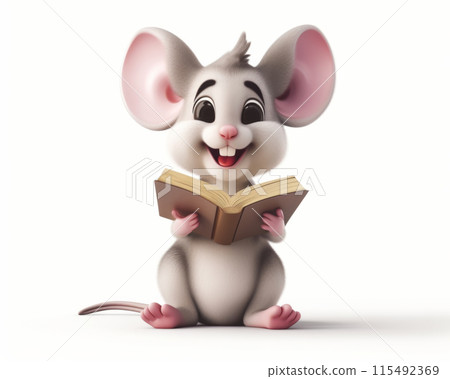 Cute cartoon mouse read book with smile. Isolated 3d illustration on white background. Cute cartoon mouse read book with smile. Isolated 3d illustration on white background. 115492369