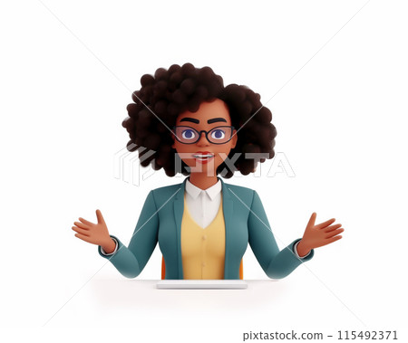 Cute African American woman in business suit and glasses narrating. Isolated cartoon 3d illustration on white background. Cute African American woman in business suit and glasses narrating. Isolated cartoon 3d illustration on white background. 115492371