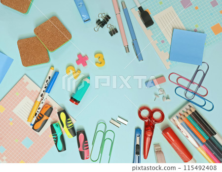 Back to School. Stationery in background for design. Template. 115492408