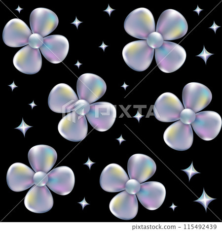 3d holographic retro 90 seamless pattern. Chrome Daisy flowers and stars in Y2K style on black background. Future galaxy aesthetic, 3D chrome bubble art. Metal glossy abstract art. 3d holographic retro 90 seamless pattern. Chrome Daisy flowers and stars in Y2K style on black background. Future galaxy aesthetic, 3D chrome bubble art. Metal glossy abstract art. 115492439