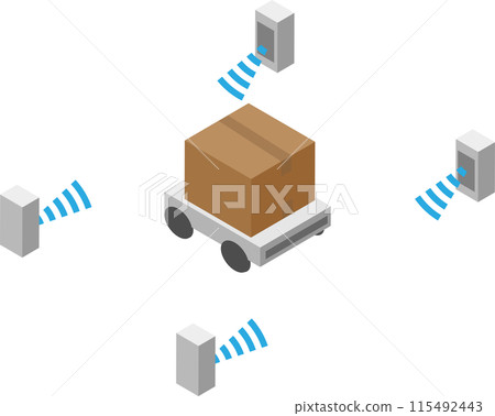 Material depicting an AVG (automated guided vehicle) moving in an isometric center 115492443