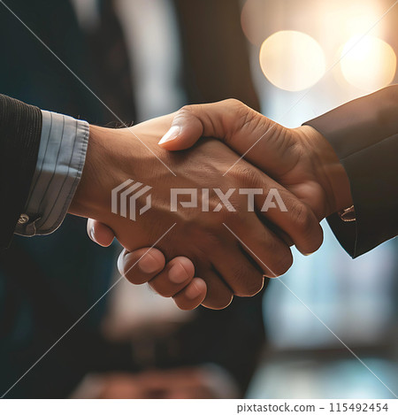 Handshake, business scene, trust, agreement, formal attire, blurred background, warm light, close-up, mutual understanding, professional Handshake, business scene, trust, agreement, formal attire, blurred background, warm light, close-up, mutual understanding, professional 115492454