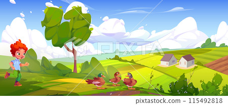 Happy boy playing with ducks on farm 115492818