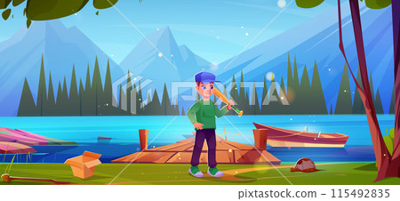 Boy with baseball bat near mountain lake Boy with baseball bat near mountain lake 115492835