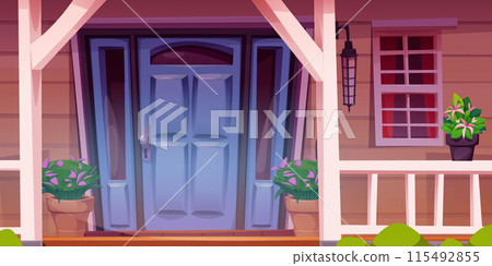 Home exterior facade with door and wooden porch Home exterior facade with door and wooden porch 115492855