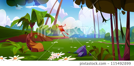 Cute red frog with smiling face jump in forest Cute red frog with smiling face jump in forest 115492899