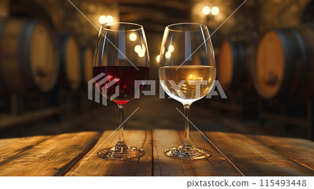 酒庫中玻璃杯中的紅酒和白酒 115493448
