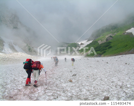 Trekking course at snowy valley / Summer mountain climbing snowy valley route, Hakuba Oyukikei 115493474
