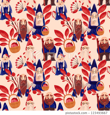 Autumn gnomes. Watercolor seamless pattern for fabrics, home textiles, clothes and wrapping paper. Fairytale vintage style. Beige background. Autumn gnomes. Watercolor seamless pattern for fabrics, home textiles, clothes and wrapping paper. Fairytale vintage style. Beige background. 115493667