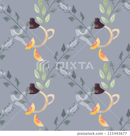 Herb tea. Melissa, mint, glassware, leaves and lemon slices. Seamless watercolor pattern for fabric, wallpaper, wrapping paper, packaging cosmetics, tablecloths, curtains and home textiles. Herb tea. Melissa, mint, glassware, leaves and lemon slices. Seamless watercolor pattern for fabric, wallpaper, wrapping paper, packaging cosmetics, tablecloths, curtains and home textiles. 115493677