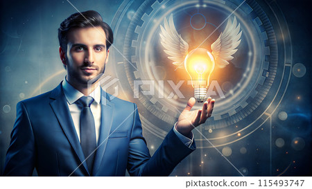 Young businessman reaches out and touches a light bulb. 115493747