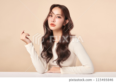 Beautiful young asian woman with clean fresh skin on beige background, Face care, Facial treatment, Cosmetology, beauty and spa, Asian women portrait. 115493846