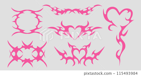 Neo tribal pink emo heart, wings and flame y2k aesthetic tattoo gothic, fire or wings abstract silhouette isolated on background. Divider, border, cyber body ornament, neotribal web goth decoration 115493984