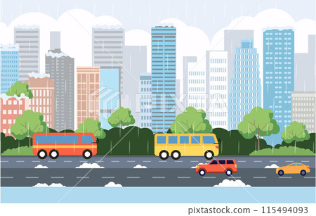 Flat Design Illustration of Car Bus Vehicle in City Road Traffic with Cityscape in Rain Season 115494093