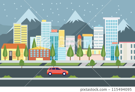 Flat Design Illustration of Car Vehicle in City Road Traffic with Cityscape in Snow Season Flat Design Illustration of Car Vehicle in City Road Traffic with Cityscape in Snow Season 115494095