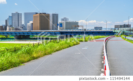 從多摩川河床看到的川崎車站前的建築物【神奈川縣川崎市】 從多摩川河床看到的川崎車站前的建築物【神奈川縣川崎市】 115494144