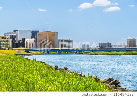 Kawasaki cityscape: Buildings in front of Kawasaki Station seen from the Tama River riverbed [Kawasaki City, Kanagawa Prefecture] 115494152